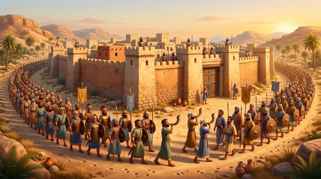 Representação de Jericó na Bíblia com muralhas e povo de Israel marchando ao redor.