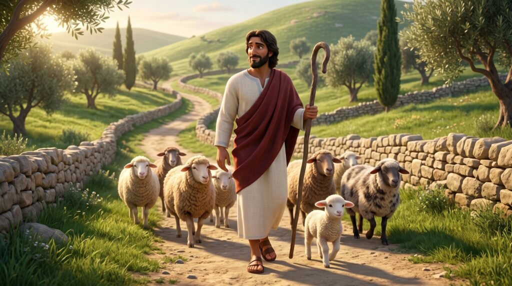 Títulos de Jesus na Bíblia: significado, contexto e aplicação 5 Jesus caminhando com um pequeno rebanho de ovelhas em colinas verdes representando o Bom Pastor