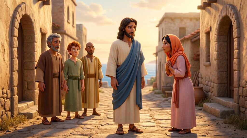 Representação de Jesus conversando com a mulher cananeia enquanto três discípulos observam a cena ao fundo.