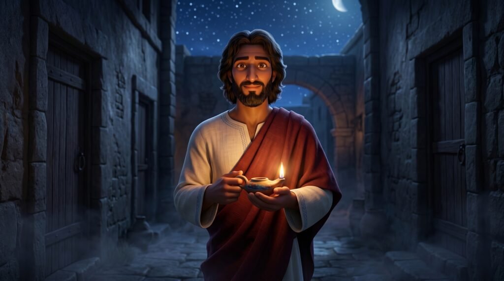 Títulos de Jesus na Bíblia: significado, contexto e aplicação 7 Jesus segurando uma lamparina acesa em uma rua escura representando a Luz do Mundo