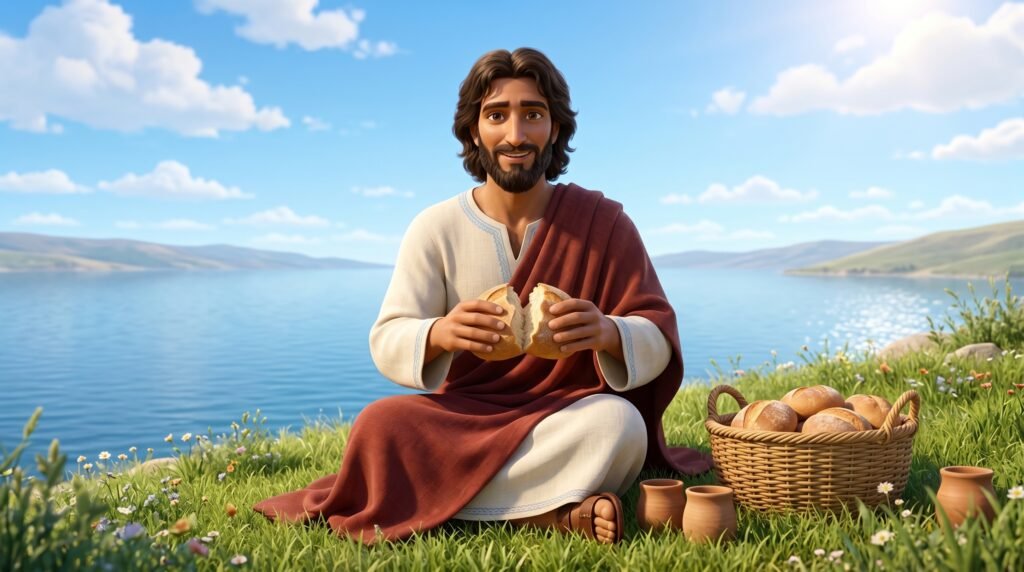 Títulos de Jesus na Bíblia: significado, contexto e aplicação 6 Jesus partindo um pão sentado em uma colina diante do Mar da Galileia representando o Pão da Vida