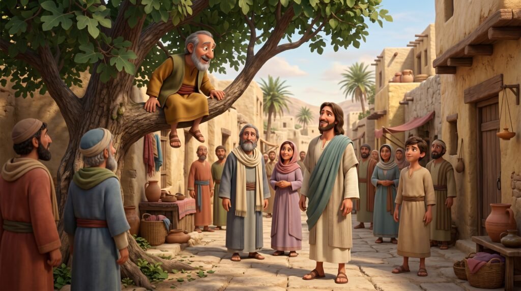 Representação do Encontro de Jesus com Zaqueu na cidade de Jericó na Bíblia.