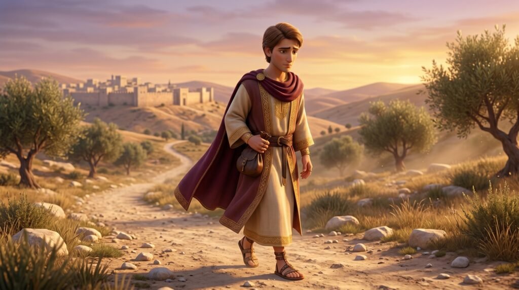 O Jovem Rico e o teste que expôs o verdadeiro ídolo do coração 2 Representação de Jovem rico se afastando triste após o encontro com Jesus.