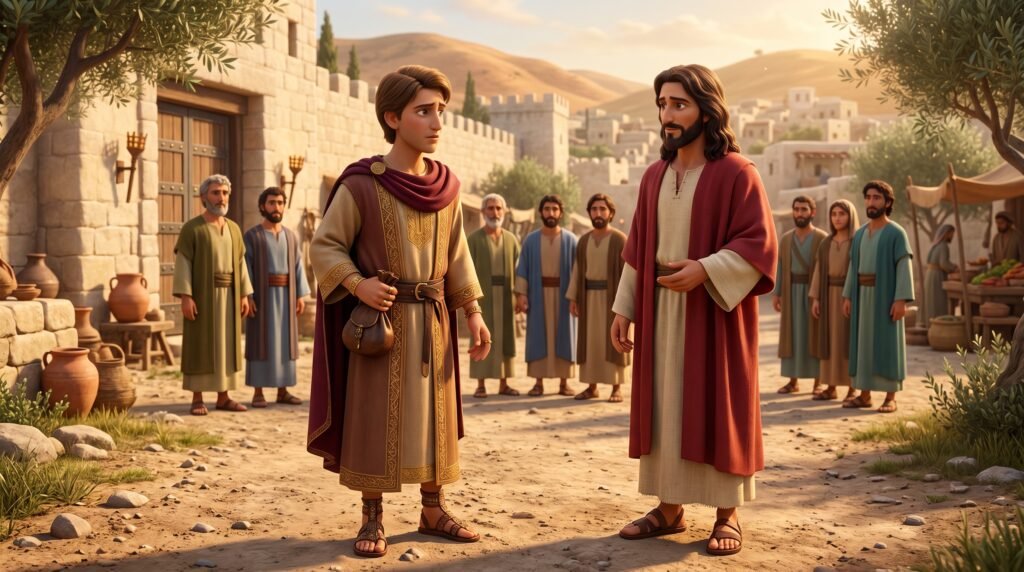 O Jovem Rico e o teste que expôs o verdadeiro ídolo do coração 1 Representação do Jovem Rico conversando com Jesus.