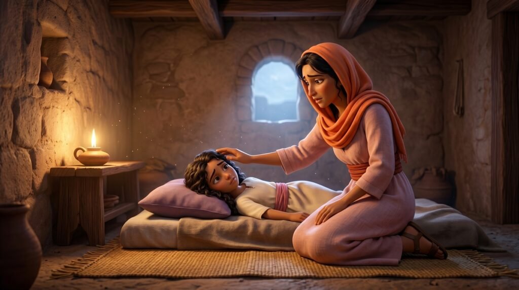 Representação de Mulher Cananeia cuidando da filha doente dentro de uma casa simples em região fenícia antiga.