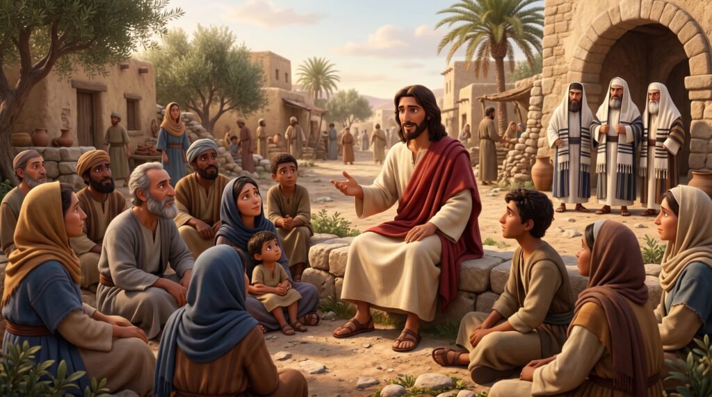 Representação de Jesus ensinando publicanos e pessoas comuns com a Parábola da Ovelha Perdida, enquanto fariseus observam com crítica.