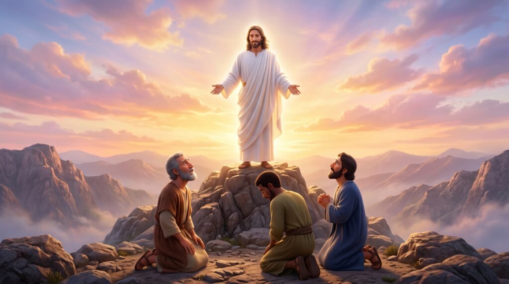 Cena representando a Transfiguração de Jesus no alto do monte com três discípulos observando.