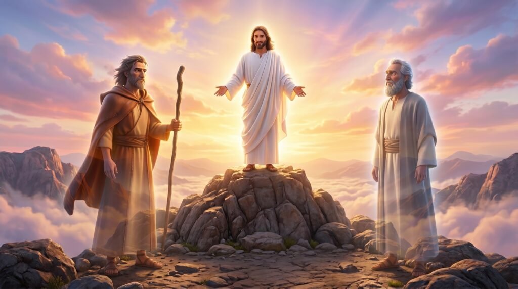 Representação de Moisés e Elias aparecendo ao lado de Jesus durante a transfiguração no monte.