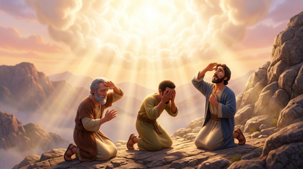 Representação de Pedro, Tiago e João reagindo à voz de Deus durante a transfiguração de Jesus.