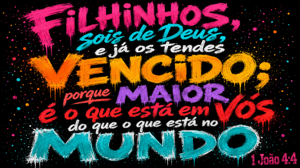 Texto do versículo 1 João 4:4 em tipografia colorida sobre fundo escuro.