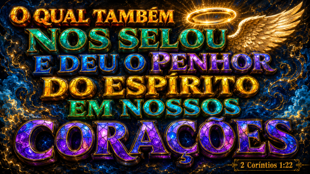 2 Coríntios 1:22 | O Espírito Santo é a garantia de que você pertence a Deus 1 Versículo de 2 Coríntios 1:22 em letras coloridas com asa dourada e auréola brilhante.