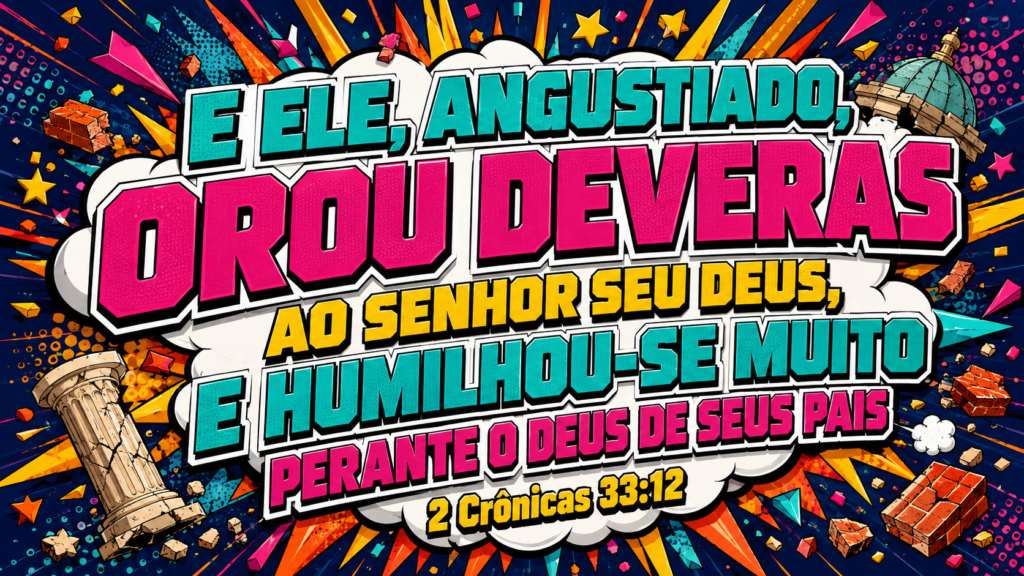 2 Crônicas 33:12: Manassés e a mudança que começou no arrependimento 1 Arte colorida com o texto de 2 Crônicas 33:12 sobre Manassés buscar a Deus em sua angústia e se humilhar diante dele.