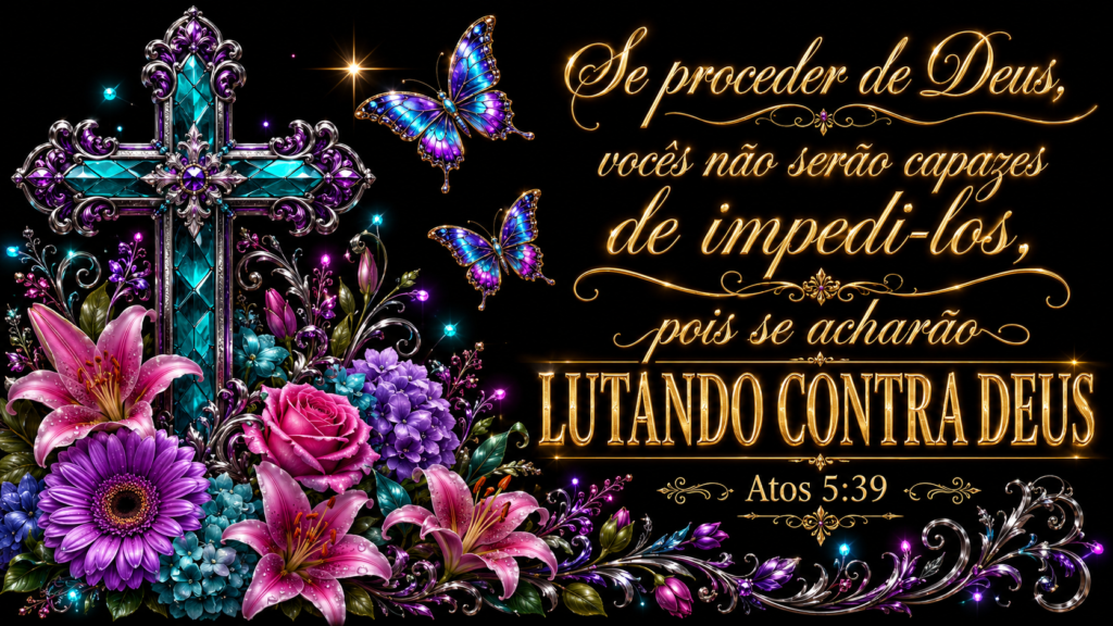 Atos 5:39 | A sabedoria de parar antes de decidir 1 Atos 5:39 com a frase “lutando contra Deus” em letras douradas, cruz ornamentada, flores e borboletas.
