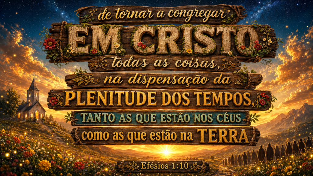 Efésios 1:10 | A história ainda não chegou ao acorde final 1 Efésios 1:10 em placas de madeira, com igreja, montanhas, céu estrelado e horizonte iluminado ao fundo.