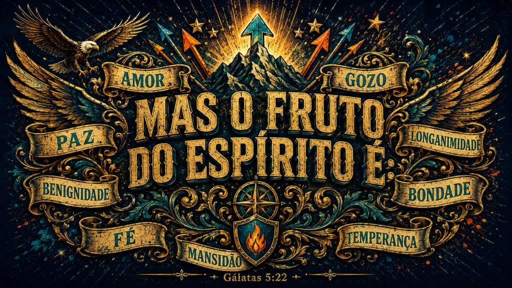 Gálatas 5:22 | O valor não está apenas nos dons 1 Gálatas 5:22 com a frase “Mas o fruto do Espírito é” cercada por amor, gozo, paz, longanimidade, benignidade, bondade, fé, mansidão e temperança.