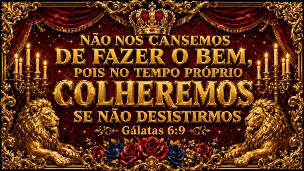 Gálatas 6:9 | A coragem de fazer o bem no momento certo 1 Gálatas 6:9 em letras douradas sobre fundo vermelho, com coroa, leões e rosas, destacando o chamado a não se cansar de fazer o bem.