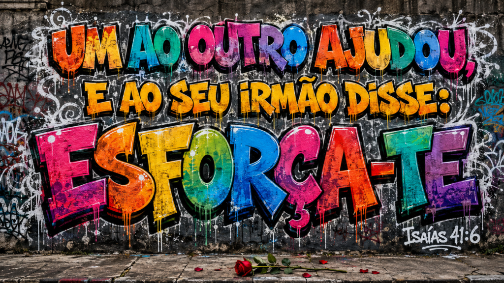Isaías 41:6 | Nem todo incentivo conduz para perto de Deus 1 Mural de grafite colorido com o texto “Um ao outro ajudou, e ao seu irmão disse: Esforça-te” e a referência Isaías 41:6.
