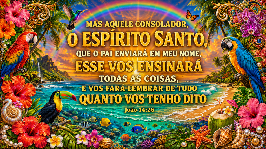João 14:26 | Você não precisa atravessar o caminho sozinho 1 João 14:26 sobre o Espírito Santo Consolador em arte tropical com praia, arco-íris, aves e flores.