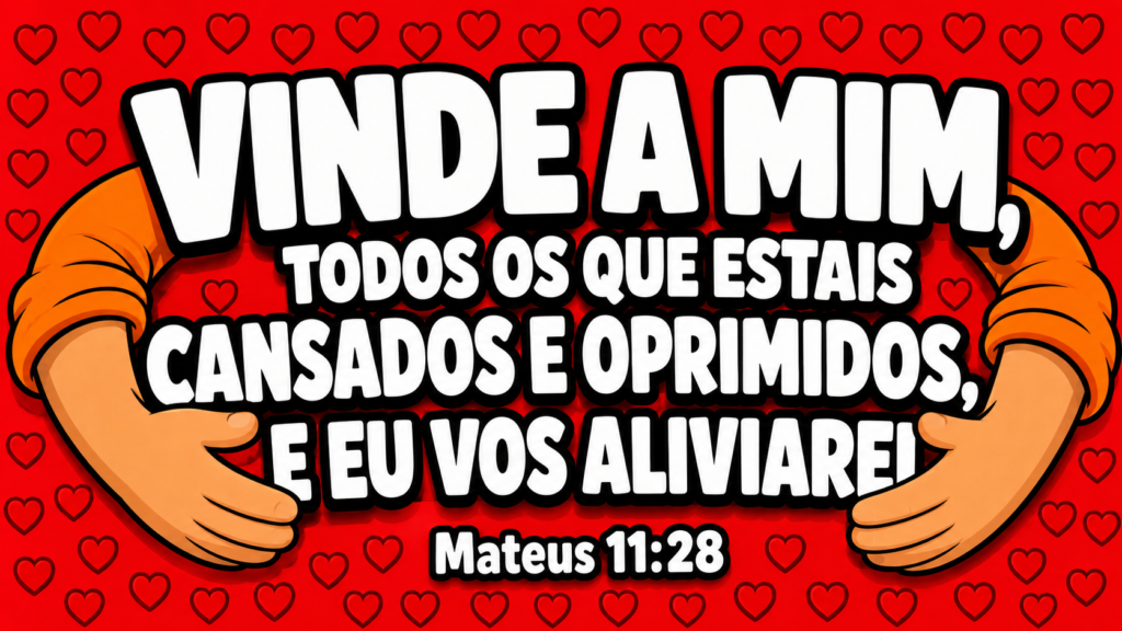 Mateus 11:28 | Descanse em Jesus e continue caminhando 1 Arte de Mateus 11:28 com braços abertos e corações em fundo vermelho, chamando os cansados.