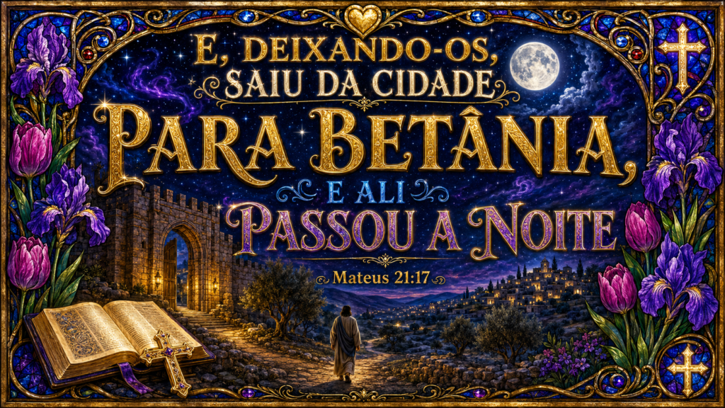 Mateus 21:17 em ilustração de Jesus deixando Jerusalém e seguindo para Betânia durante a noite.