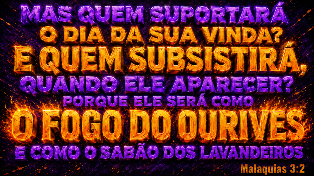 Malaquias 3:2 | Quando Deus trabalha como um refinador 1 Malaquias 3:2 em uma arte com chamas e letras douradas e roxas sobre o fogo do ourives.