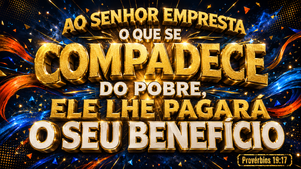 Provérbios 19:17 | O bem que você faz com o que tem permanece para sempre 1 Provérbios 19:17 em letras douradas em 3D sobre fundo azul escuro, arte de devocional cristão.