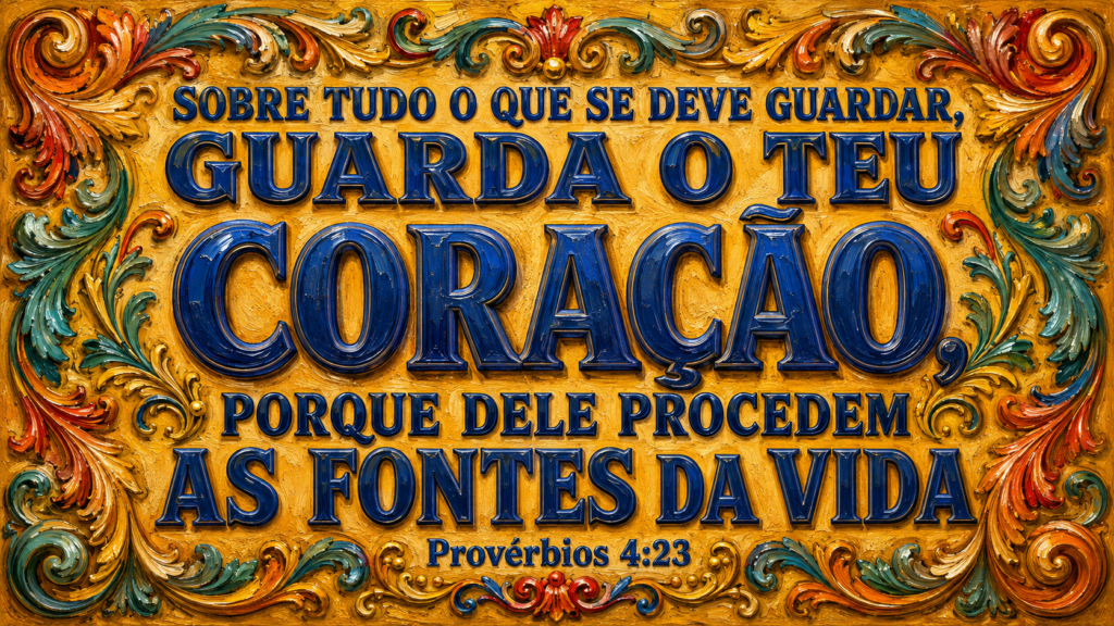 Provérbios 4:23: pequenas concessões podem mudar grandes coisas 1 Arte de Provérbios 4:23 destacando a mensagem “guarda o teu coração” em letras azuis sobre fundo dourado ornamentado.