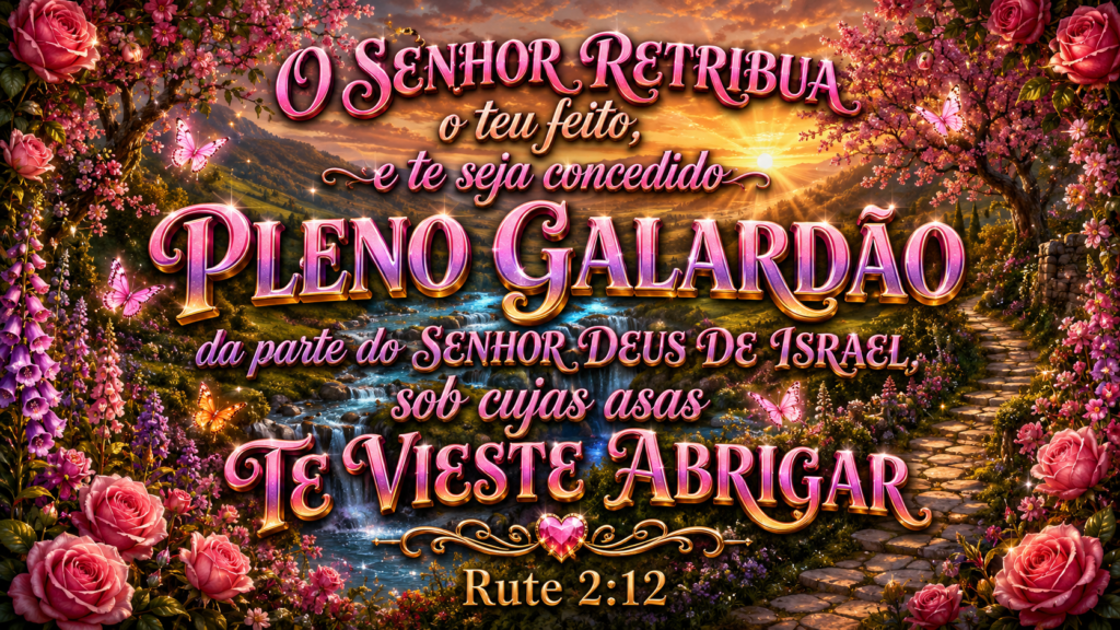 Rute 2:12 | Debaixo das asas de Deus em tempos incertos 1 Rute 2:12 em uma paisagem ao pôr do sol cercada por rosas e borboletas.