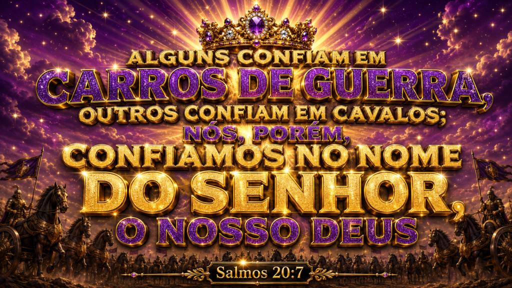 Capa de Salmos 20:7 com carros de guerra, cavalos e uma coroa sob um céu roxo e dourado, destacando a confiança no nome do Senhor.