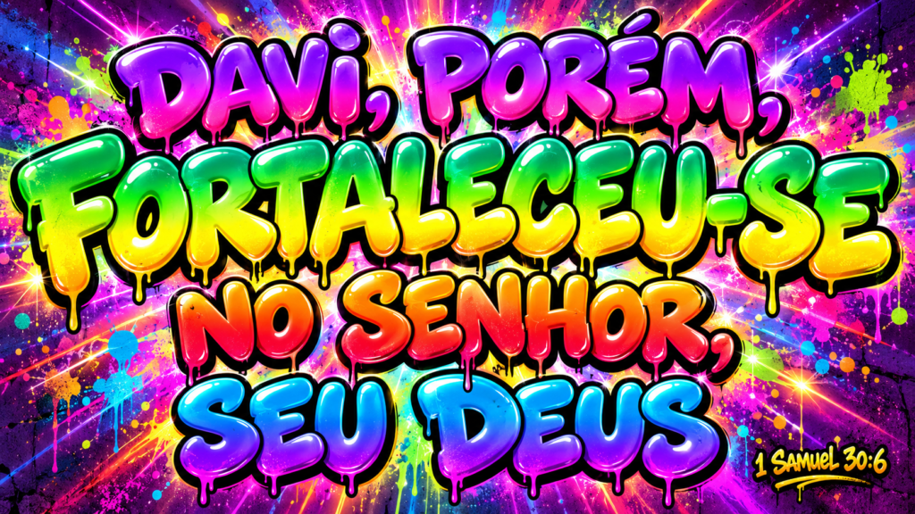 1 Samuel 30:6 | Forjado na Adversidade 1 Davi, porém, fortaleceu-se no Senhor, seu Deus — 1 Samuel 30:6, em letras coloridas sobre fundo de grafite.