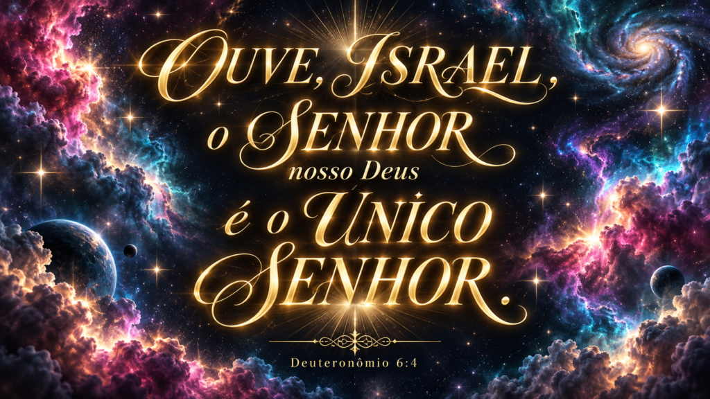 Deuteronômio 6:4 | Muitos deuses, um só Senhor 1 Texto de Deuteronômio 6:4 em letras douradas sobre um céu estrelado: “Ouve, Israel; o Senhor nosso Deus é o único Senhor.”