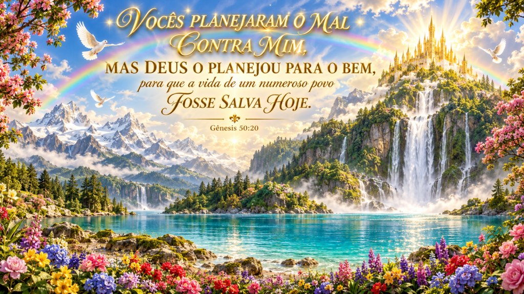 Gênesis 50:20 | Aquilo Que Você Chama De Perda 1 Gênesis 50:20 em destaque sobre uma paisagem com lago, montanhas, castelo, cachoeiras e arco-íris.