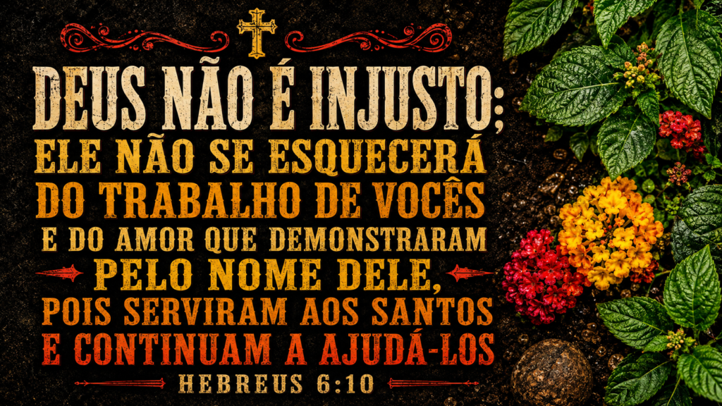 Hebreus 6:10 | Deus não se esquece do serviço fiel 1 Hebreus 6:10 em letras grandes sobre fundo escuro, acompanhado de folhas e flores, destacando que Deus não se esquece do trabalho e do amor demonstrados em seu nome.