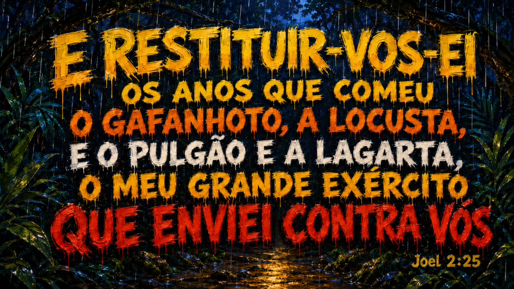 Joel 2:25 em destaque sobre uma floresta escura, com a frase “Restituir-vos-ei os anos que comeu o gafanhoto”.