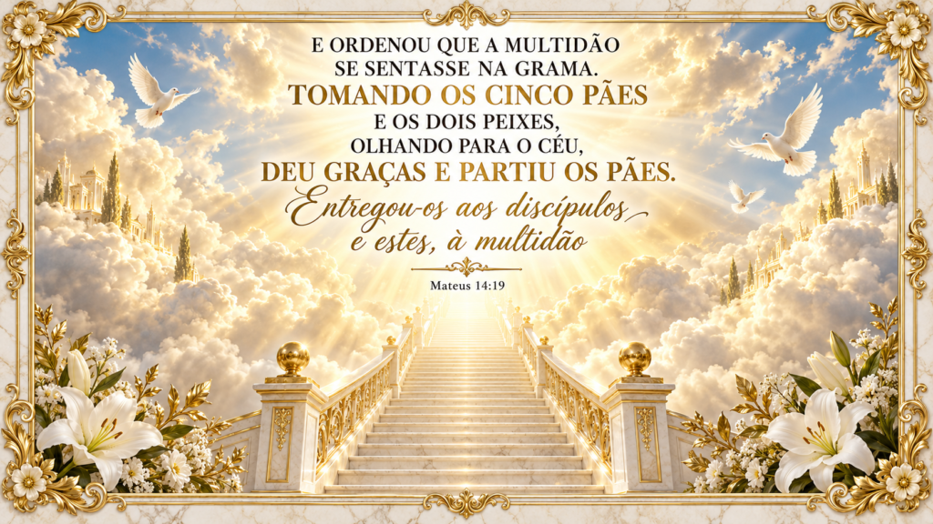 Mateus 14:19 em arte devocional com escadaria entre nuvens iluminadas, pombas e lírios, destacando os cinco pães e dois peixes.