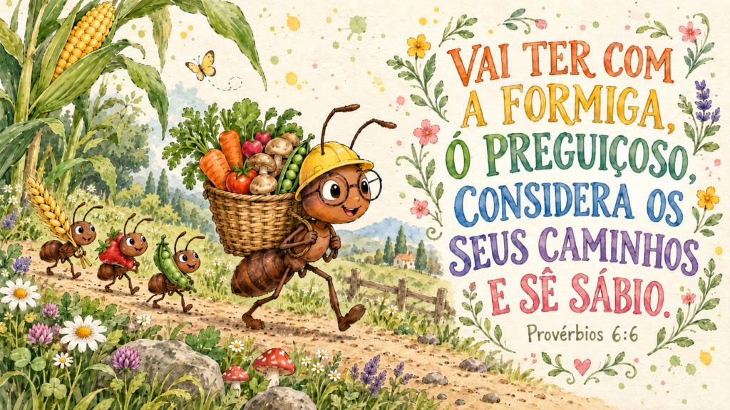 Formigas trabalhando e transportando alimentos em um campo, com a mensagem de Provérbios 6:6 em destaque.