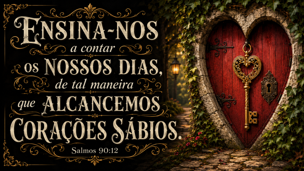 Salmos 90:12 | O Valor do Dia Comum 1 Porta vermelha em formato de coração com chave dourada ao lado do versículo Salmos 90:12 sobre contar os nossos dias e alcançar sabedoria.