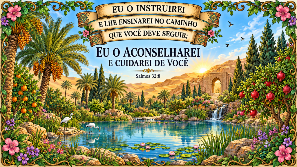 Salmos 32:8 em destaque sobre um jardim com palmeiras, flores, lago e caminho entre montanhas ao nascer do sol.